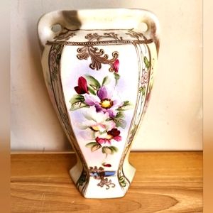 Vintage Japan Vase Floral Gold Bulbous Art Glass Gold Embossed Handpainted
